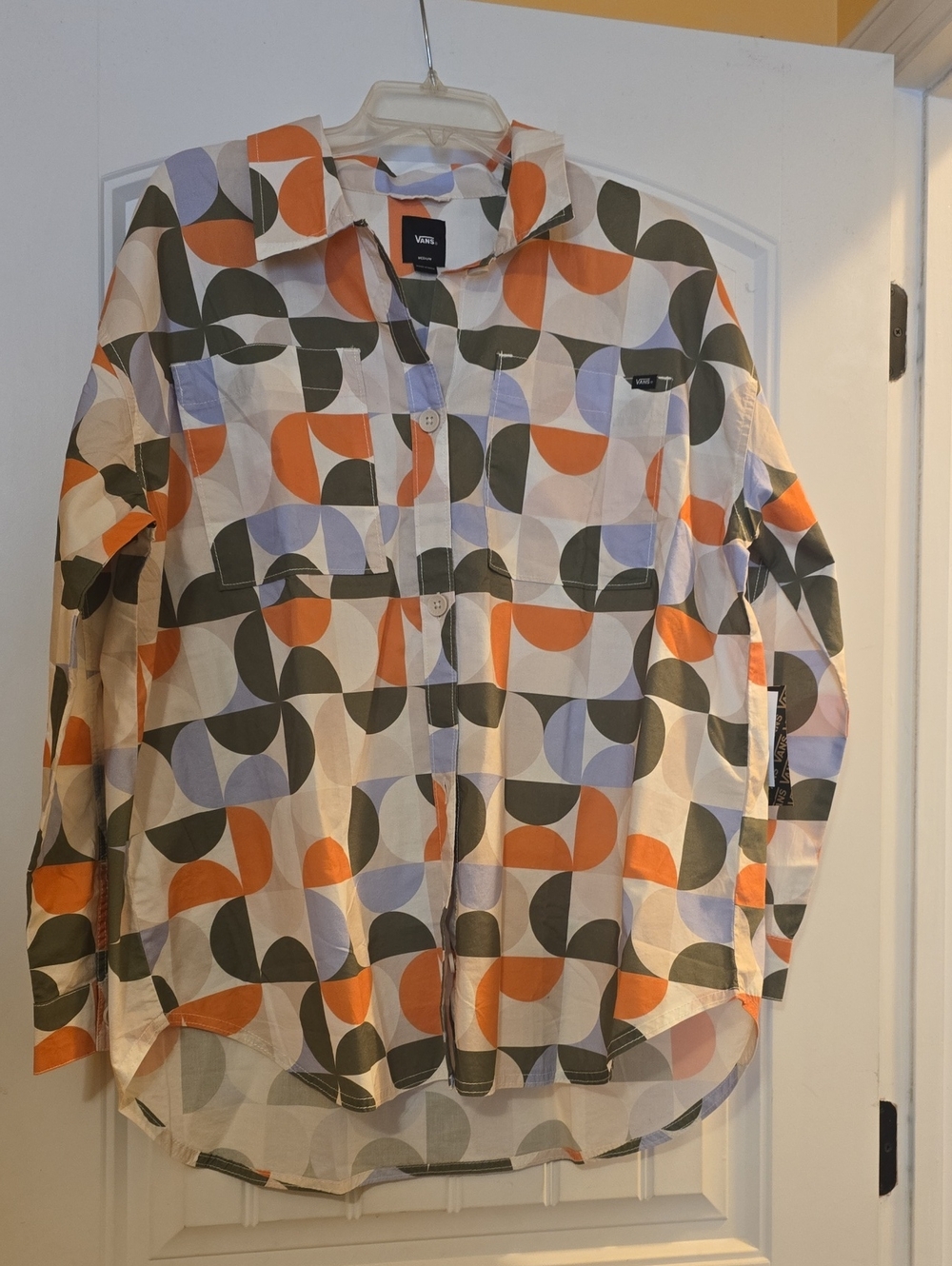 Vans Geometric Button-Up Shirt — Orange/Olive/Light Blue on Cream
